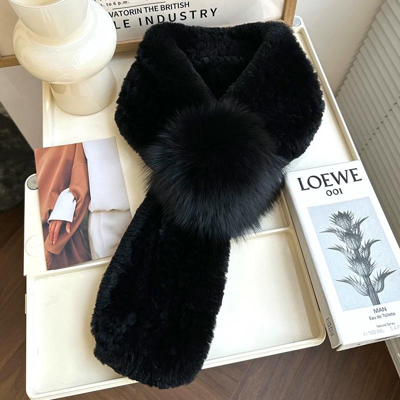 

Winter New Korean Solid Color Rex Rabbit Hair Scarf Double-sided Woven Thickened Warm Scarf Fox Hairball Real Fur чорний