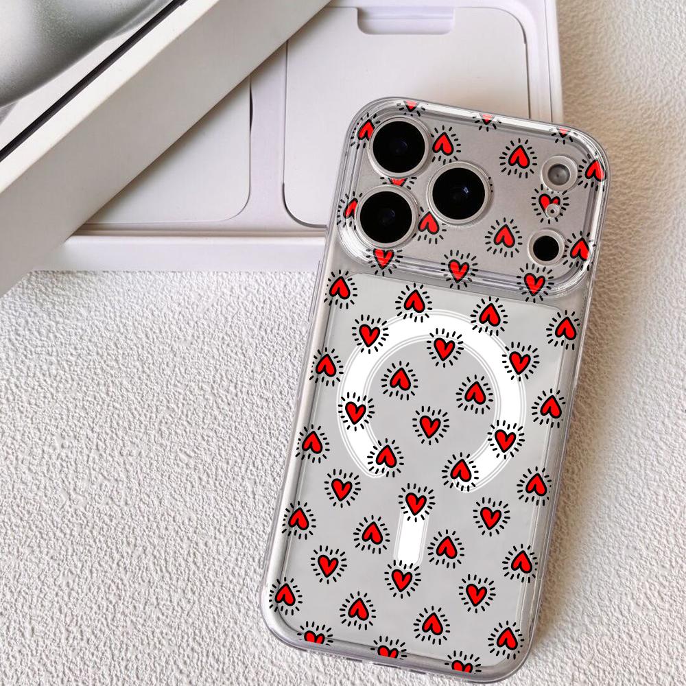 INS Fashion Heart Phone Case For iPhone 17 16 15 14 13 12 Pro Max Plus With Magnetic Crystal Clear Case Wireless Charge