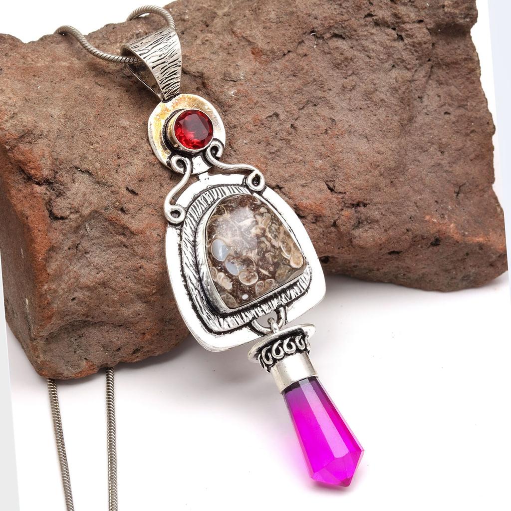 Turtella Jasper Garnet Gemstone Mother's Day Silver Jewelry Pendant  3.75"