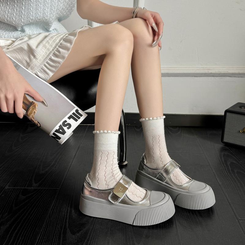 Fashion Versatile Silver Platform Big Head Shoes Women's 2025 New Spring and Summer Light Mouth Mary Jane Shoes Heightening Low-top Board Shoes