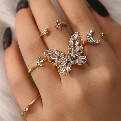 Gold Diamond-Studded Butterfly & Moon Ring Set - 5-Piece Open Adjustable Rings
