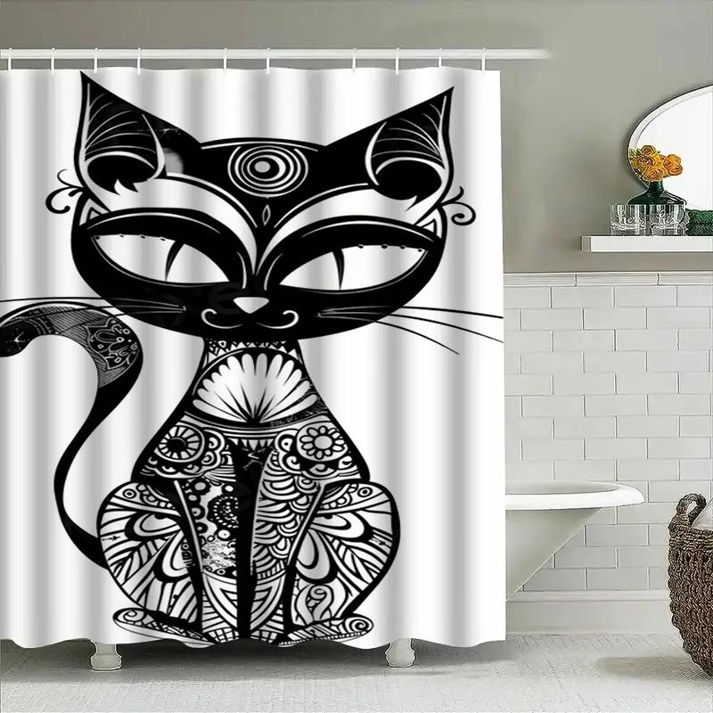 Black Cat Shower Curtain Artistic Black White Zentangle Bathroom Decor Unique Print Waterproof Shower Fabric