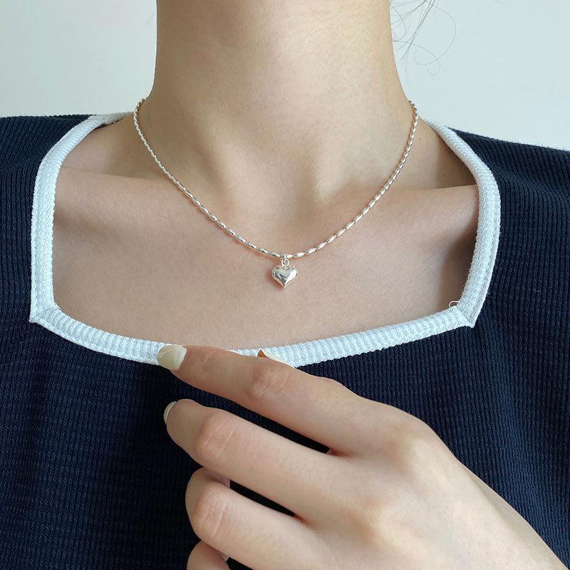 

Sterling Silver S925 Heart & Olive Necklace, European/American Style, Versatile Peach Heart Clavicle Chain 925 Silver