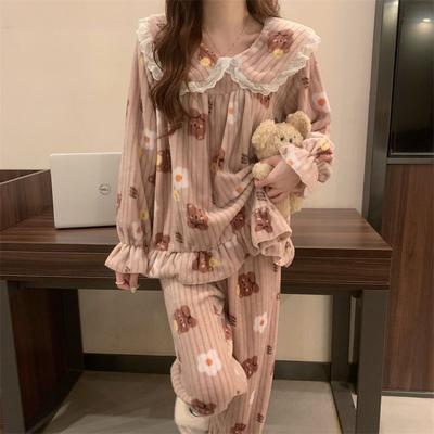 Pijamas con estampado de oso para mujer, conjunto de dos piezas de manga larga con cuello de muñeca, ropa de casa informal holgada y cálida de princesa dulce coreana para invierno