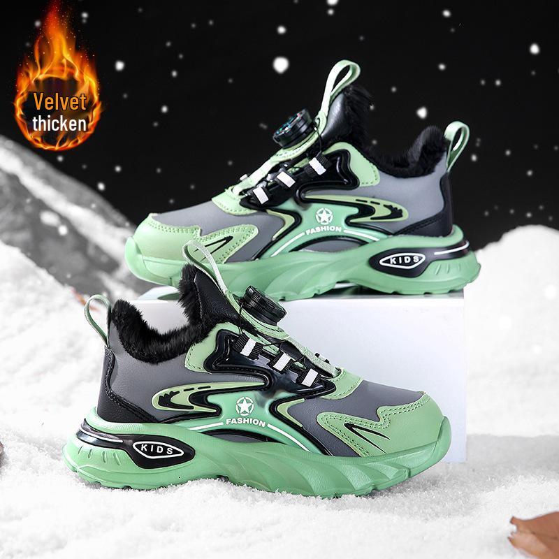 2025 Winter Boys' Leather Sports Shoes - Velvet Lined, Big Cotton, Student Running Shoes
