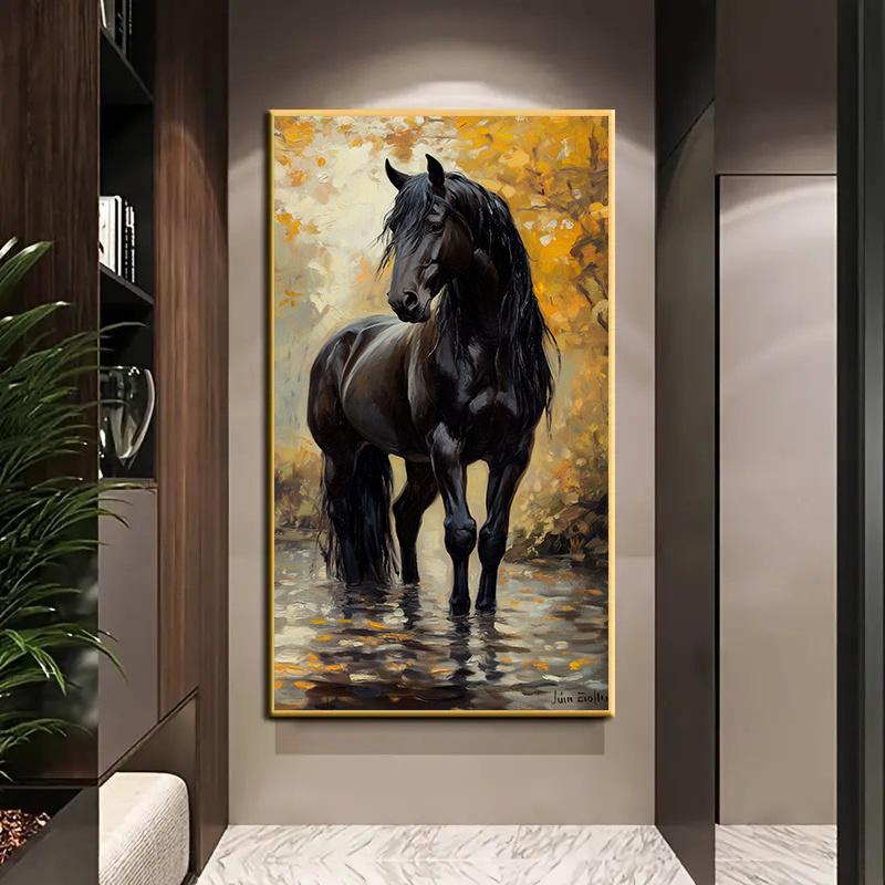 

Frameless Modern Canvas Wall Art Black Horse in Autumn Forest with Fall Foliage 20x40cm No Framed