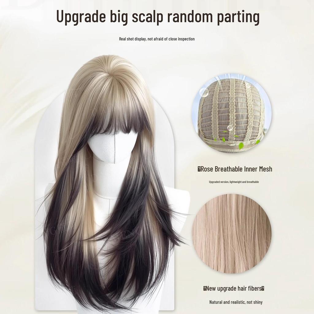 Platinum Gold Gradient Long Straight Cosplay Wig with Black Highlights for Women