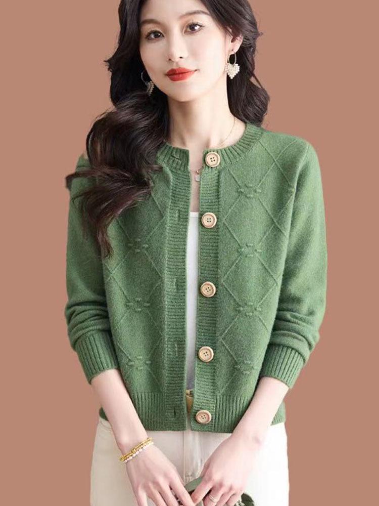 2025 Autumn/Winter Women's Short Wool Cardigan - Round Neck, Solid Color, Elegant Knit Design