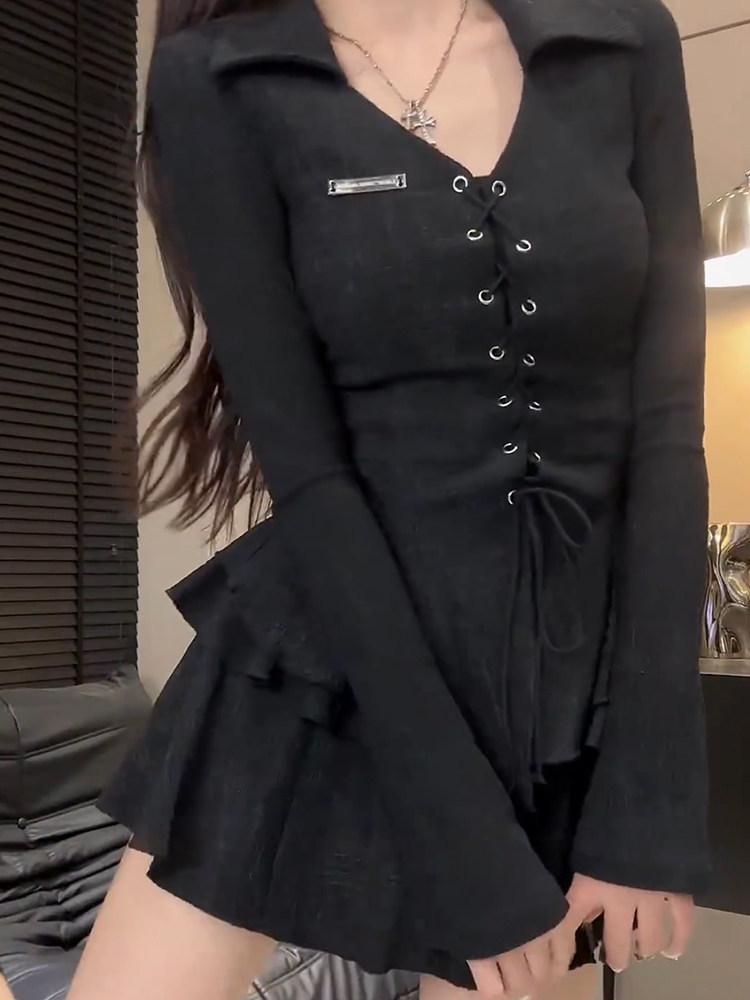 Conjunto Vintage Francés de Top de Manga Larga con Cuello en V y Falda Corta Ceñida a la Cintura para Mujer