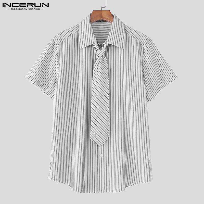 INCERUN Men Tie Up Lapel Neck Short Sleeve Striped Casual Loose Oversized Shirts