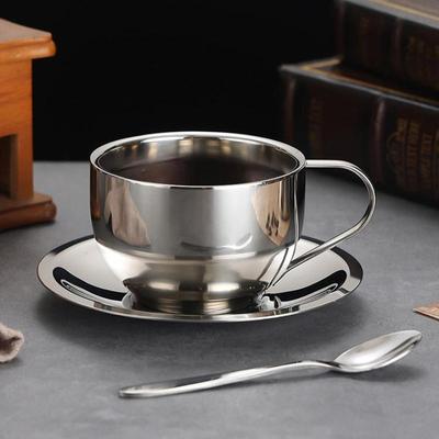 170/200/250/280 ml Edelstahl-Kaffeetasse Milchtasse und Untertassenset mit Untersetzerlappen Löffelgriff Leicht zu reinigen und wiederverwendbar