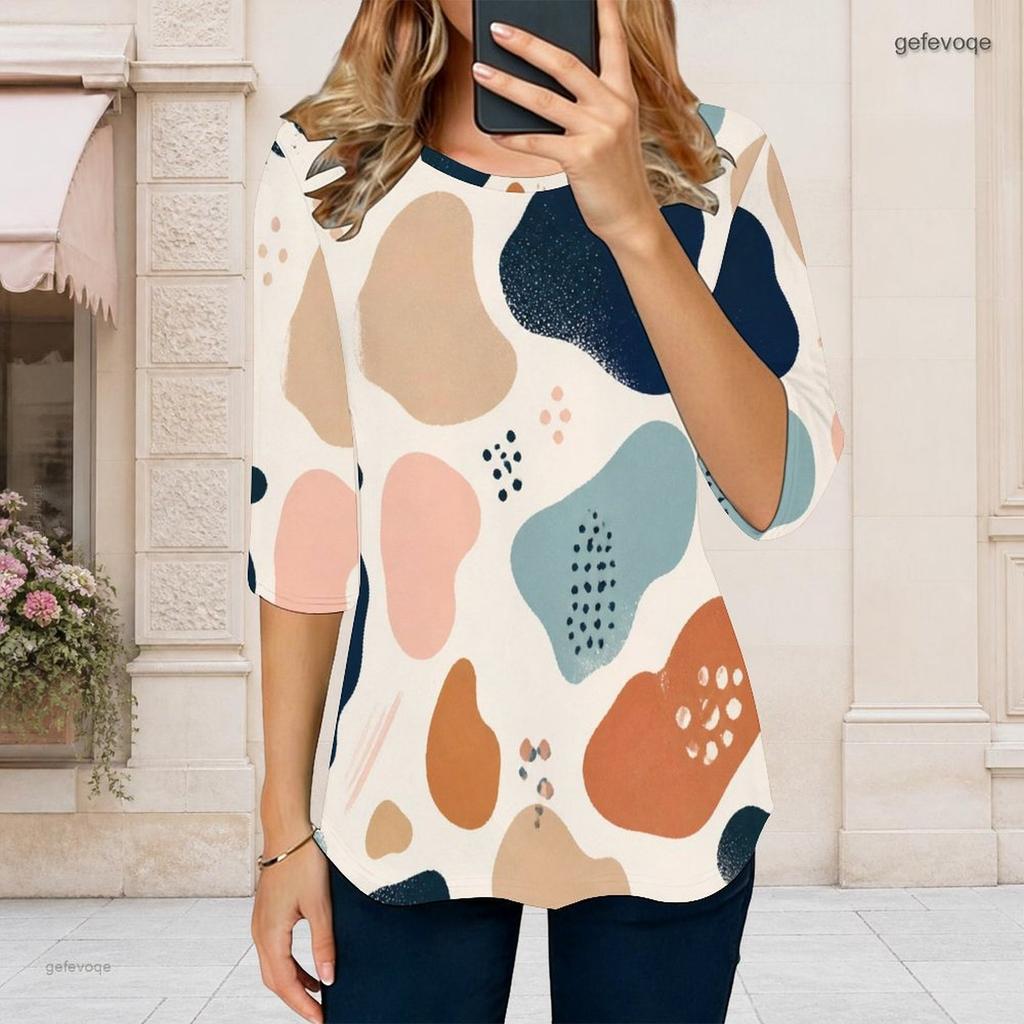 Women Plus Size Round Neck Half Sleeve Printed T Shirt Curved Hem