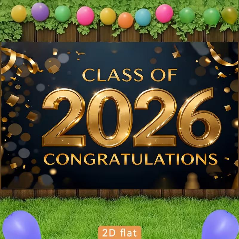Stendardo di Diploma Nero Oro Classe 2026, 180x110cm "Congratulazioni" con Testo in Foglia Oro per Photo Booth