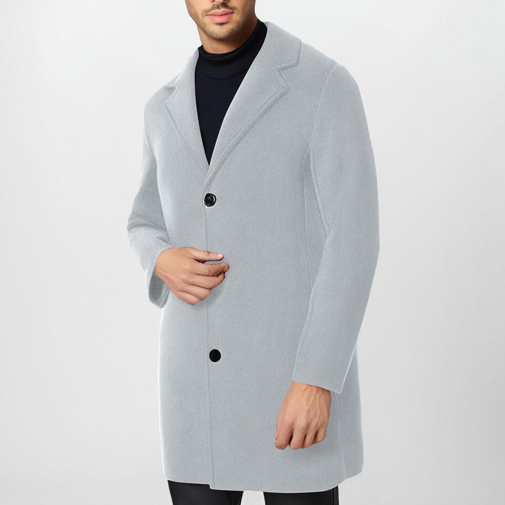 Trench Coat Men Wool Blend Coat Notched Collar Single Breasted Overcoat Business Casual Winter Jacket With Pockets
