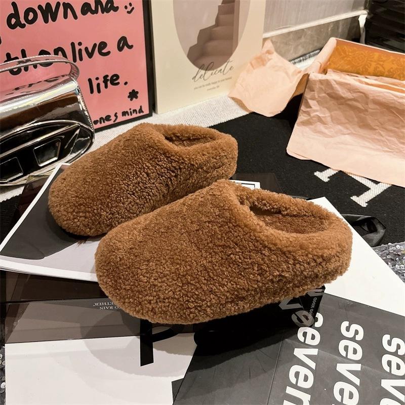 Lamb wool baotou half slippers women wear thick-soled high-end fluffy shoes 2025 autumn new Internet celebrity lazy shoes