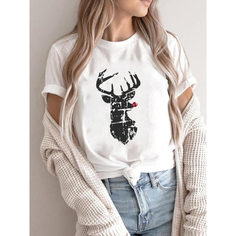 Summer Plus Print Christmas Theme Loose Cotton Short Sleeved T-Shirts Women’s