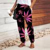Women Leaf Printing Pants Lace Up Elastic Waist Loose  Trousers Casual Long Pants Trousers with Pockets