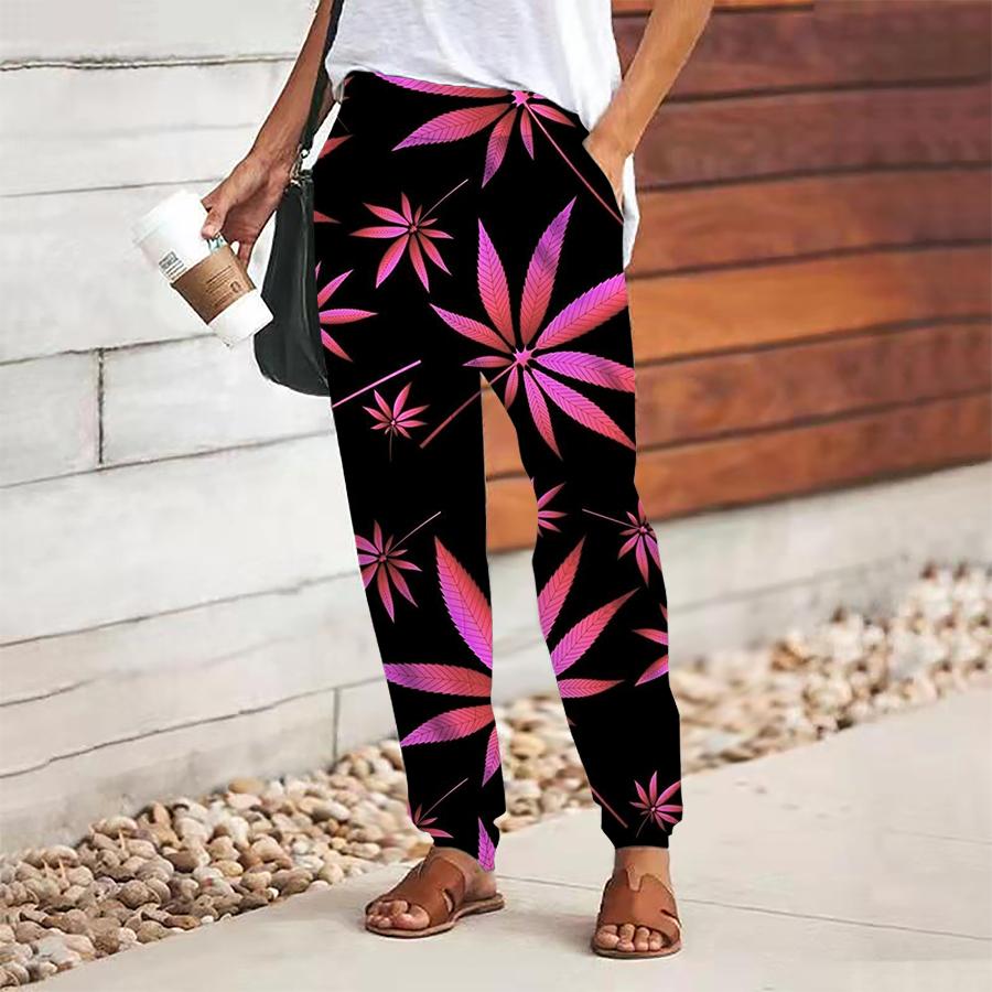 Women Leaf Printing Pants Lace Up Elastic Waist Loose  Trousers Casual Long Pants Trousers with Pockets