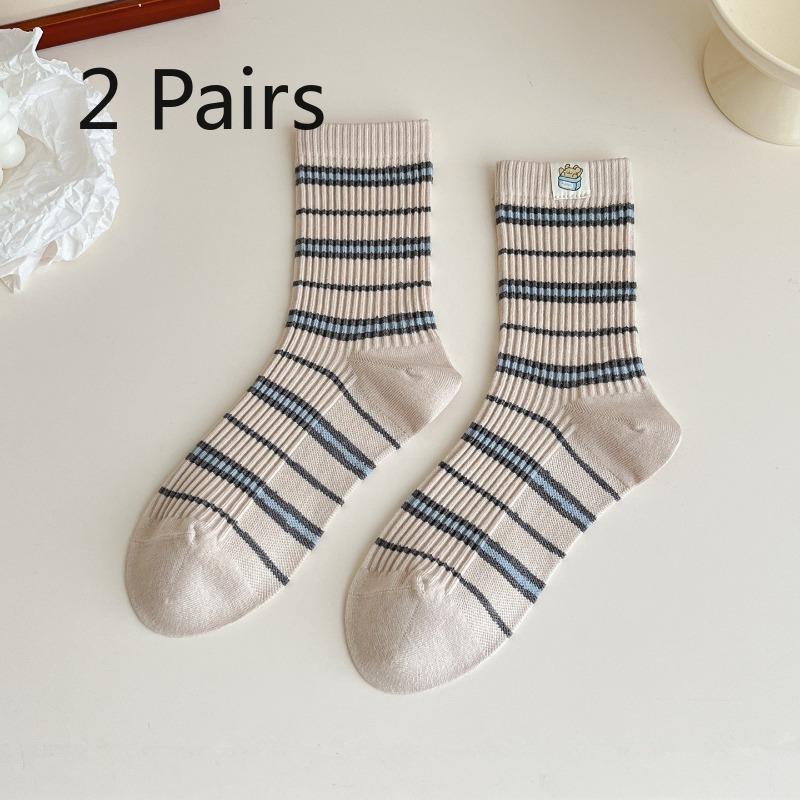 Two Pairs of Grey-colored Imitation Cashmere Striped Socks - Mid-calf Socks with Warm Stitching and Cute Lace Trim.