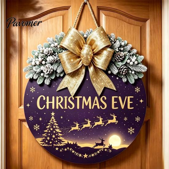 Indoor Outdoor Porch Ornament Christmas Wooden Welcome Sign for Front Door, Round Hanging with Handmade Craft Artificial Pine Branches & Bow