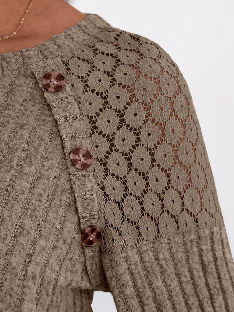 Round Neck Hollow Out Lace Blouse Knit Top Long Sleeve Women Elegant Splicing Casual Patchwork Shirt Ladies Fashion Casual Top Pullover Sweater
