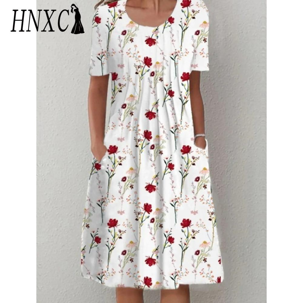 HNXC 30 Color Pleated Midi Dress Short Sleeve Round Neck Loose Hem Mid-Calf Length Women Floral A-Line Party Dress Casual Wear