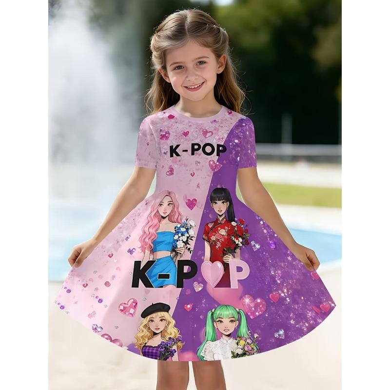 Girls Summer Clothes Kpop Cartoon Graphic Print Dress for Girls Funny Gift for Fan Harajuku O-Neck Short Sleeve Children's Dress