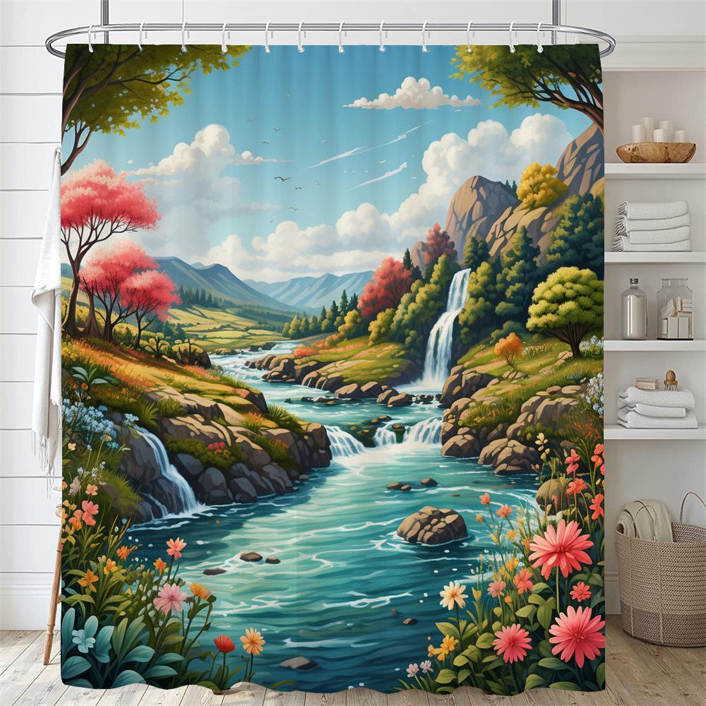Colorful Flowers and Plants Shower Curtain Scenery Bathroom Curtain Romantic Bath Curtain Polyester Waterproof Bathroom Shower