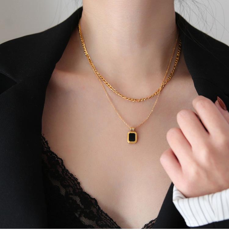 Titanium Steel Double-Layer Black Square Necklace Female Cold Wind Collarbone Chain Temperament Metal Wind Neck Chain