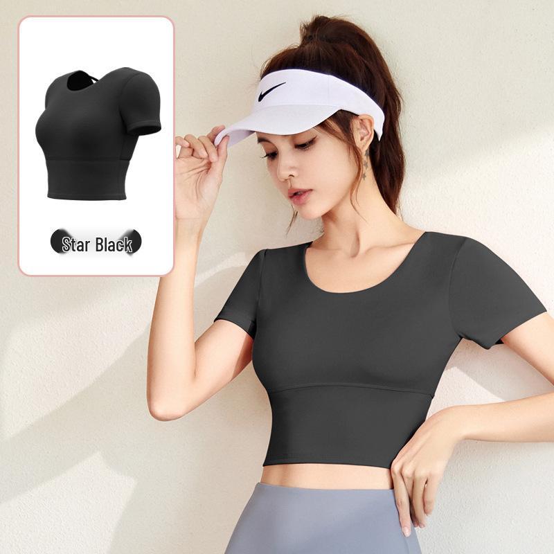 Yoga Slim Fit Criss-Cross Back Sports T-Shirt with Built-in Bra