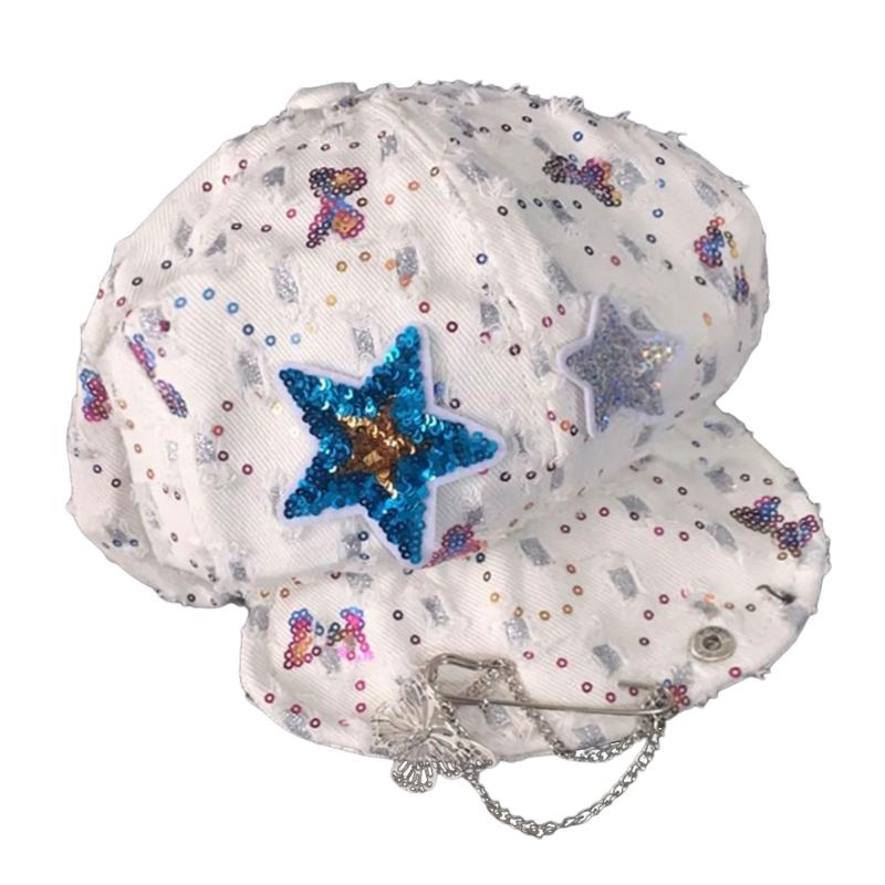 

Stylish Sequins Star Washed Fabric Beret Hat with Butterfly Pin Decors for Casual Wear Hiphop Dancing Headwear For Teens синій