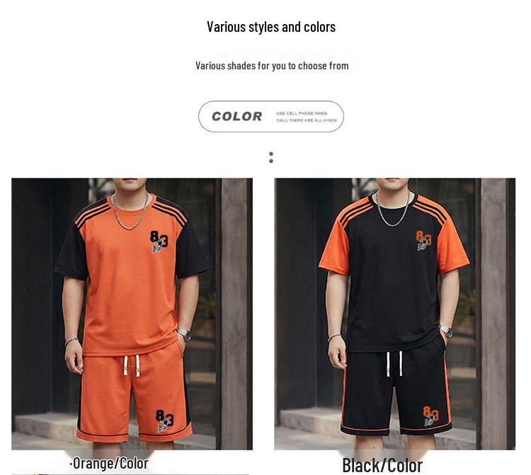 2026 Men's Plus Size Patchwork Short Sleeve Summer Casual Suit - Round Neck Sports Shorts Two-Piece Set