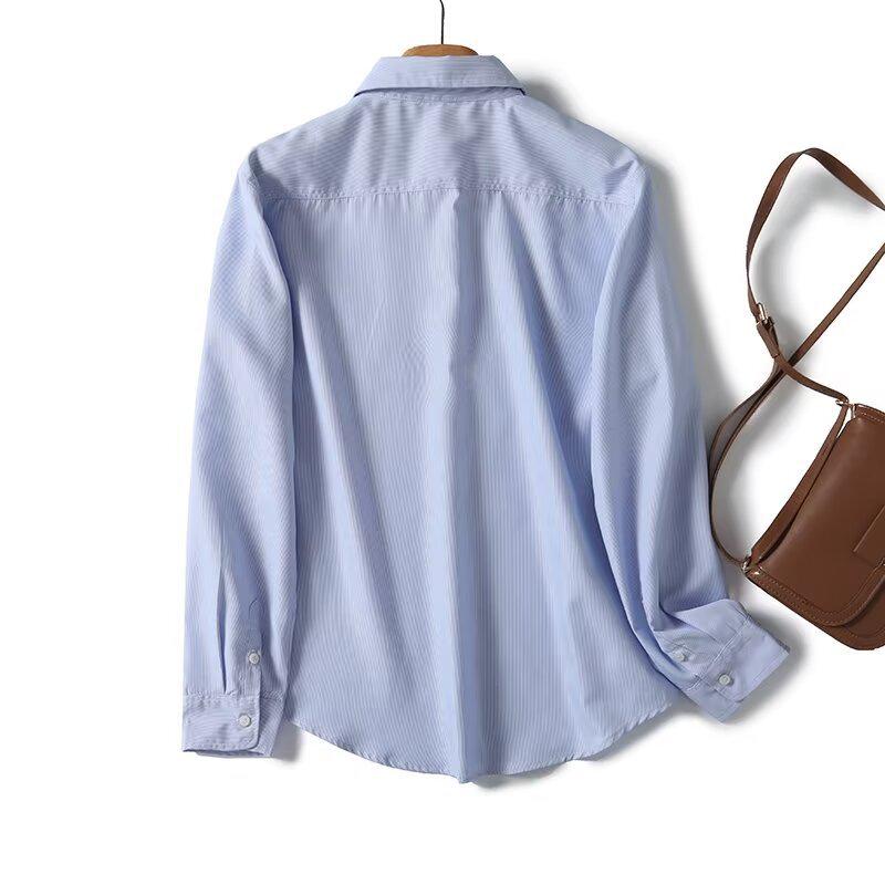 Spring 2025 Women's Versatile Pinstripe Shirt - Comfy, Loose Fit with Turn-Down Collar and Long Sleeves