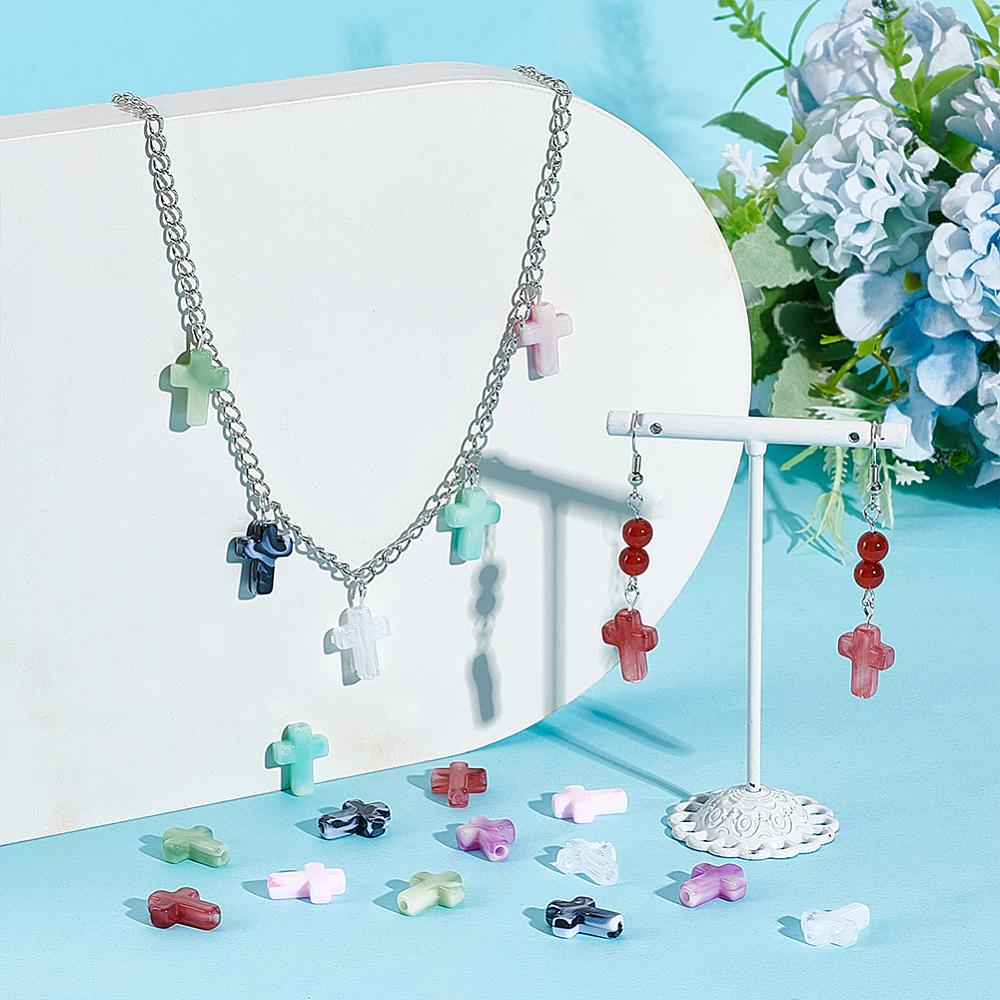 210Pcs 7 Colors Acrylic Beads, Imitation Gemstone, Cross, Mixed Color, 15.5x12x4.5mm, Hole: 2mm, 30pcs/color
