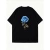 White Short Sleeve T Shirt With Blue Rose Print For Casual Wear