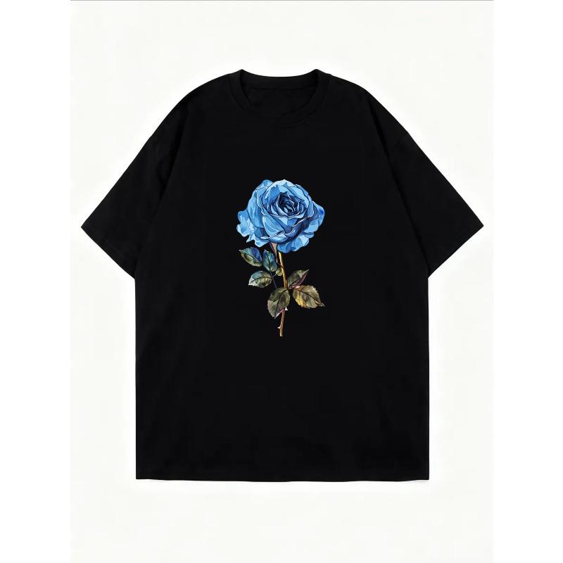White Short Sleeve T Shirt With Blue Rose Print For Casual Wear
