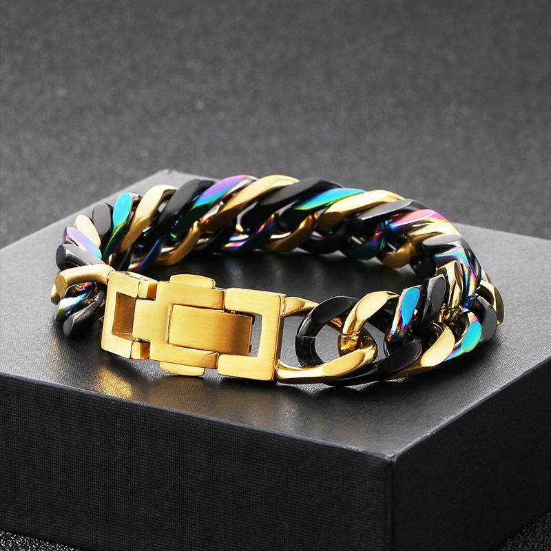 Kalen Hip Hop Colorful Cuban Chain Bracelet for Men Hight Quality Thick Stainless Steel Jewelry 13MM Chunky Trendy Accessories