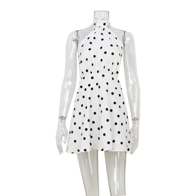 Robe d'été pour femme à pois, dos nu, à nouer au cou, taille haute, coupe évasée, sans manches, amincissante