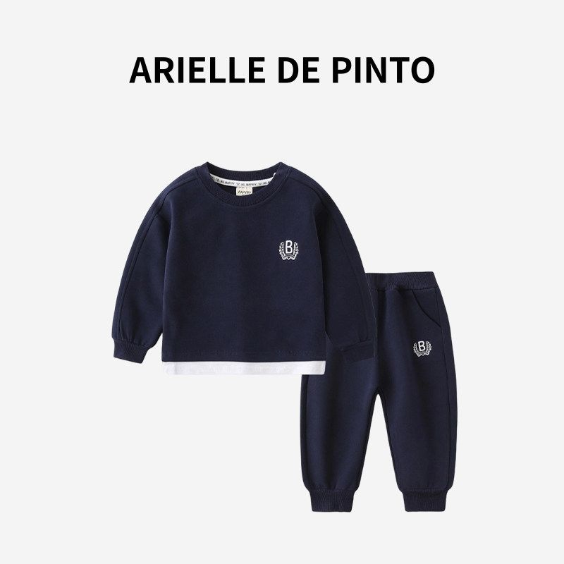 French Arielle De Pinto Boys  Suit Spring and Autumn Korean Style Sports Fake Two-Piece Sweatshirt Suit Navy Blue (Fake Two-Piece Suit) 130
