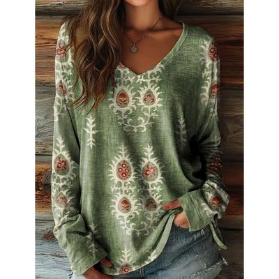 Vintage Damen T-Shirt Blumengrafik Pflanzen Elegant Mode T-Shirt Langarm T-Shirts V-Ausschnitt Reguläre Oberteile Pullover Herbst Winter
