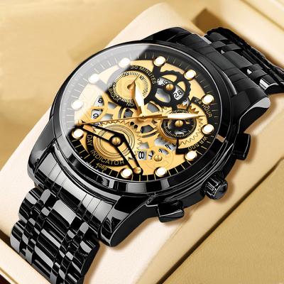 Herren Business Uhr Skelett Design Edelstahl Quarzwerk Kalender Wasserdichte Armbanduhr