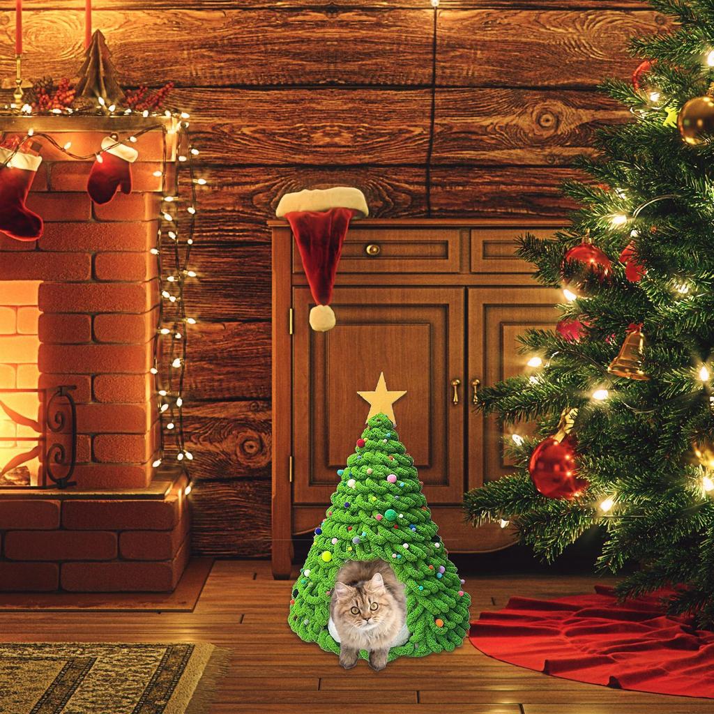 Christmas Tree Cat Bed Material Indoor Kitten Tent Material Set House Cave Craft Furniture Decorations for Pets Cats Dogs