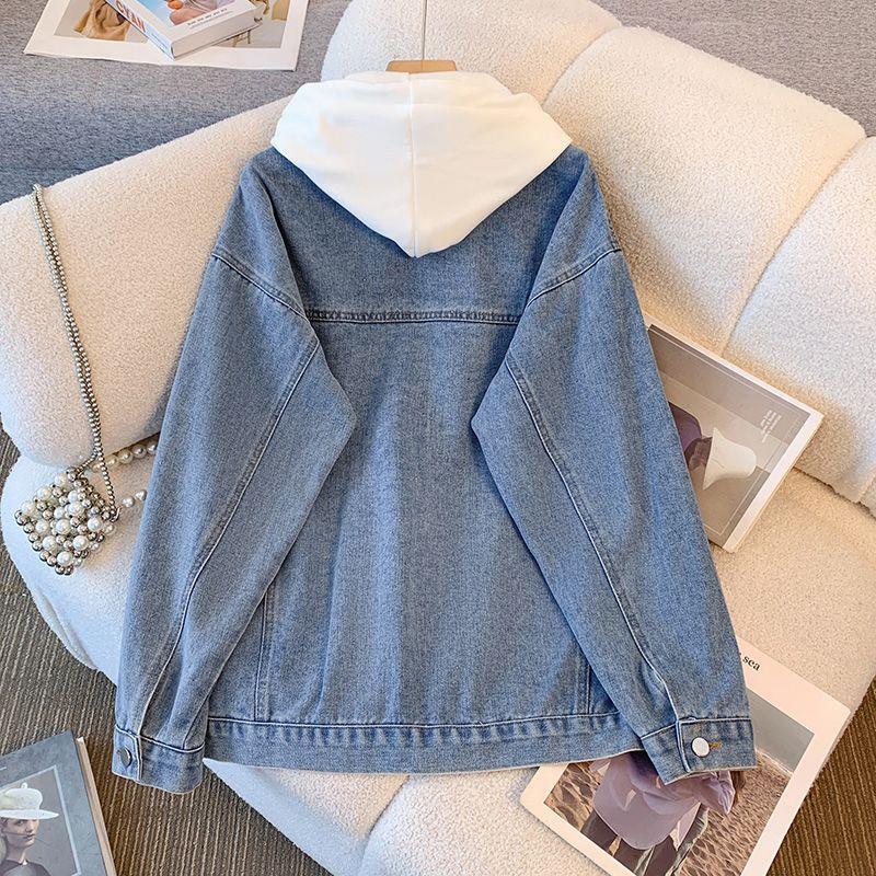 Women's Retro Fake Two-Piece Hooded Denim Jacket - Loose Fit, Versatile Spring Top