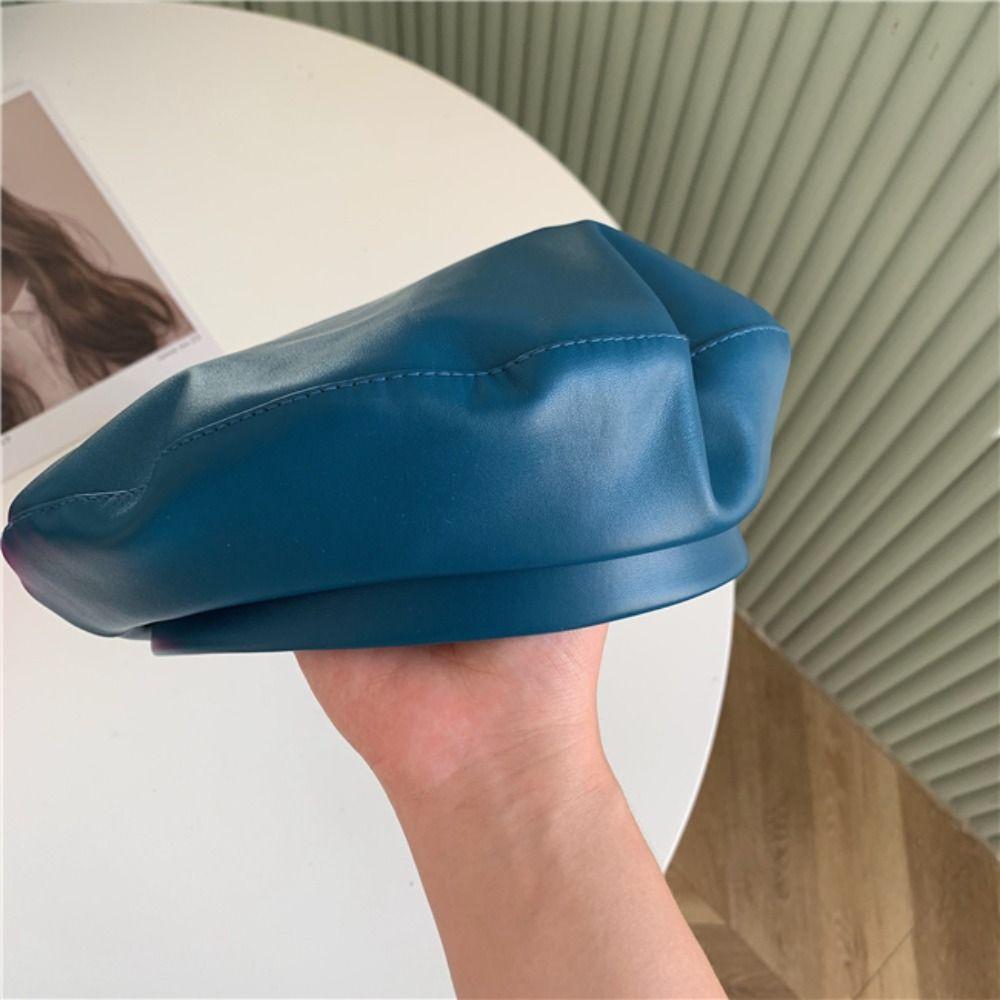 Fashion Solid Color PU Beret Y2K Retro Painter Hat British Style Korean Artist Hat Outdoor