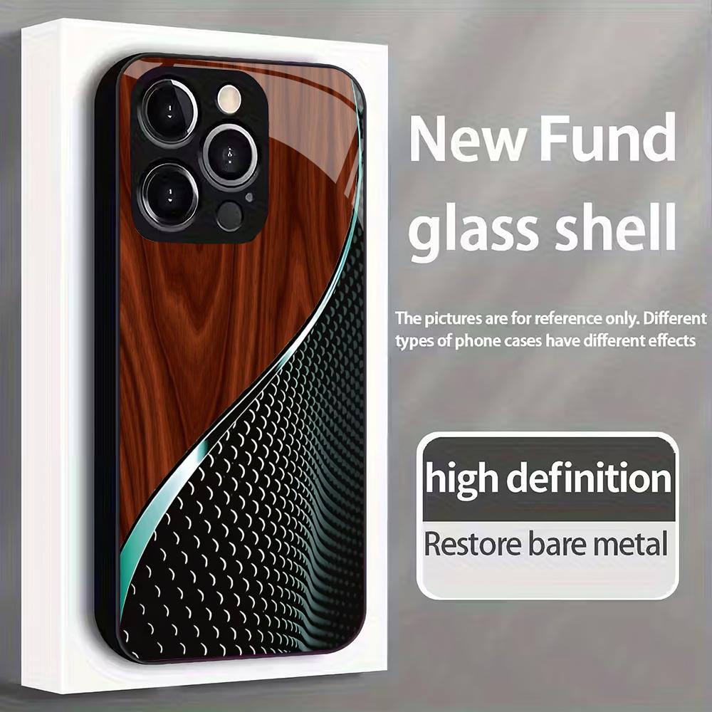 Wood grain line splicing pattern tempered glass phone case suitable for iPhone 17 16 15 14 13 12 11 Pro Max Plus shockproof