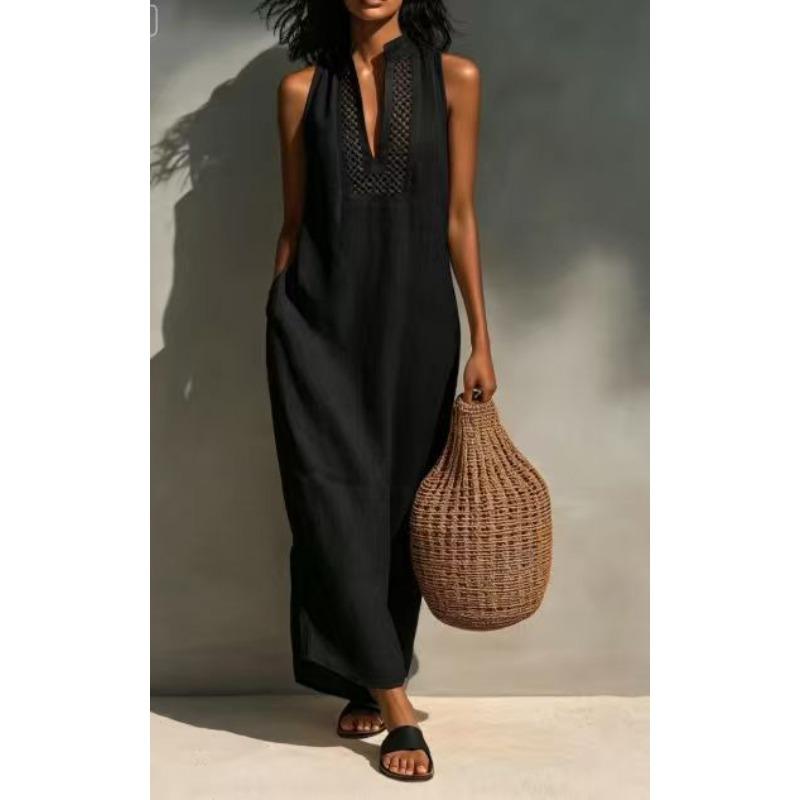 Summer White Sleeveless Hollow V-neck Dress, Holiday Style Loose Dress