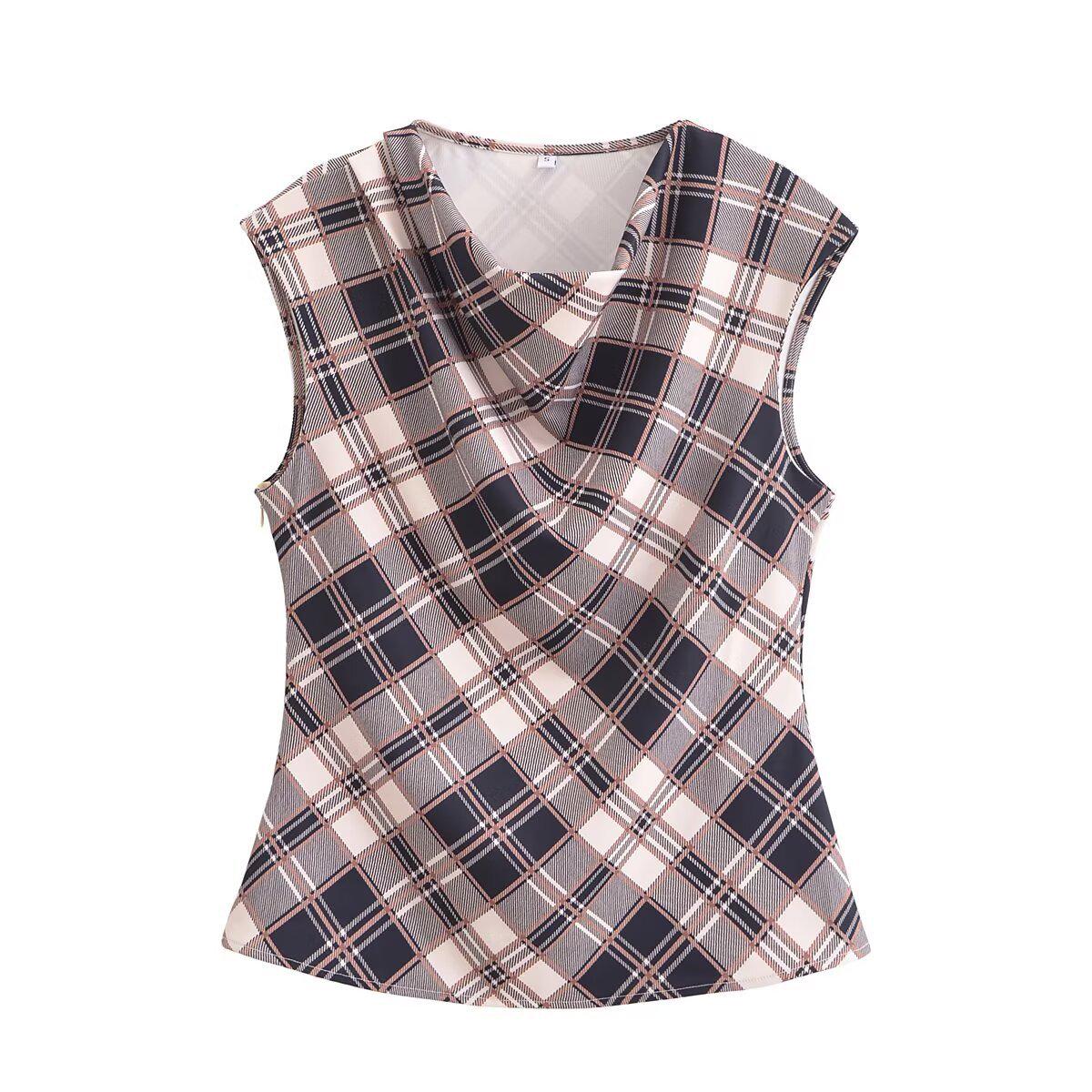 

2025 Spring Women s European & American Plaid Cowl Neck Sleeveless Top S