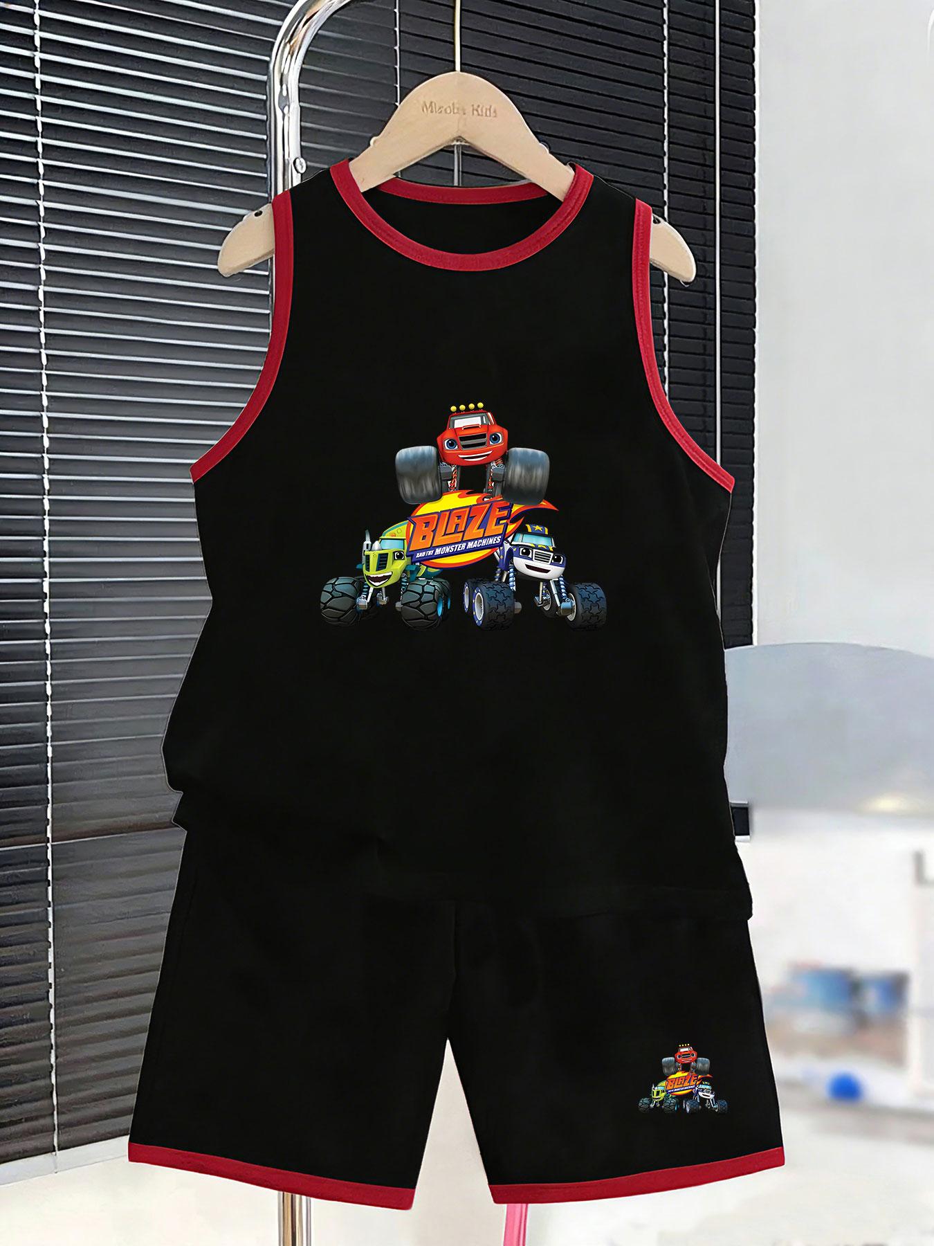 

Boys cartoon monster truck animation printed outfit. Fun vehicle theme, soft fabric for home wear and kids casual daily wear. 2-3Y