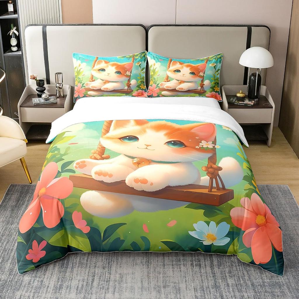 Cat and Flowers Duvet Cover Queen King Size Lightweight Quilt Cover with 2 Pillowcases Spring Animal Themed Bedding Set No Quilt