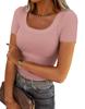 Women's U Neck Long Sleeve Tee Slim Fit Casual Ribbed Knit Solid Color Spring Basic Top